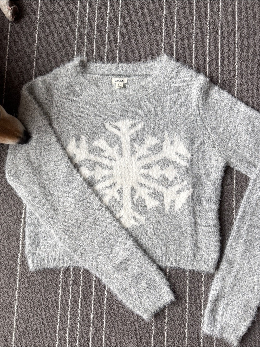 Garage Gray Fuzzy Crewneck Sweater with White Snowflake